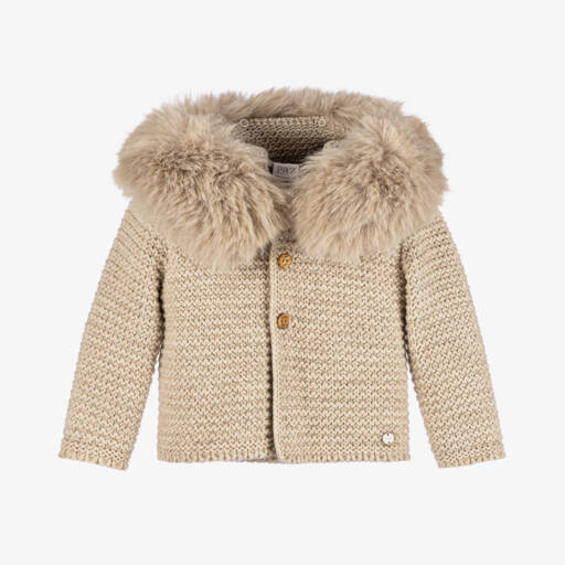 PAZ Rodríguez-Beige Knitted Jacket with Faux Fur Collar | Childrensalon