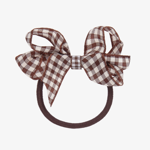 Peach Ribbons-Brown Gingham Hair Elastic (7cm) | Childrensalon