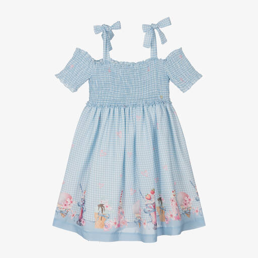 Piccola Speranza-Girls Blue Check Crêpe Chiffon Dress | Childrensalon