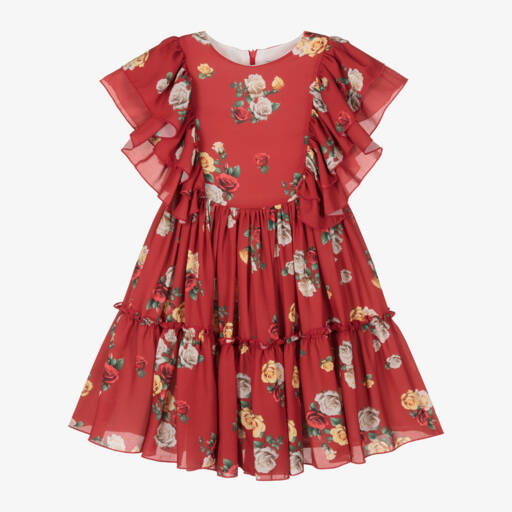 Piccola Speranza-Girls Red Floral Crêpe Dress | Childrensalon