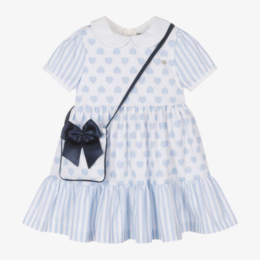 Piccola Speranza-Girls White & Blue Heart Print Dress Set | Childrensalon