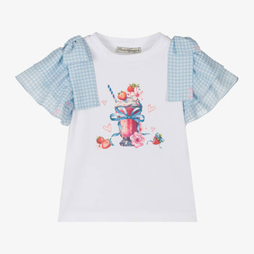 Piccola Speranza-Girls White & Blue Ice Cream Cotton T-Shirt | Childrensalon