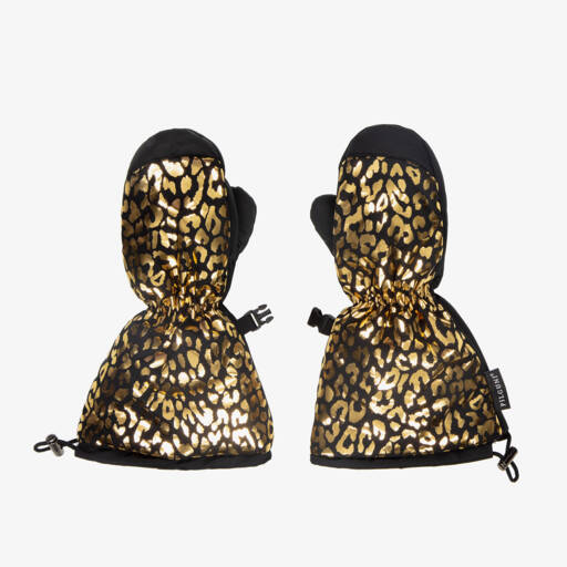 Pilguni-Girls Black & Gold Leopard Ski Mittens | Childrensalon