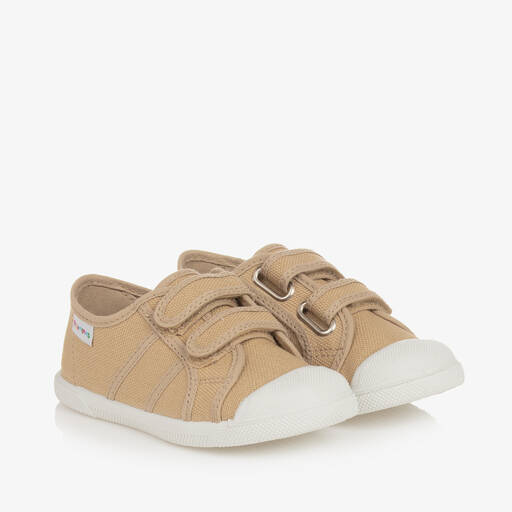 Pisamonas-Beige Canvas Velcro Trainers | Childrensalon