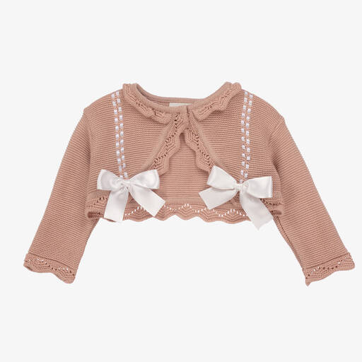 Pretty Originals-Girls Pink Knit & White Bow Cardigan | Childrensalon