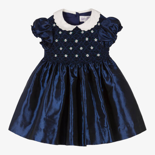 Rachel Riley-Baby Girls Blue Hand-Smocked Satin Dress | Childrensalon