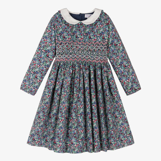 Rachel Riley-Girls Blue Cotton Hand-Smocked Dress | Childrensalon