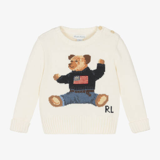 Ralph Lauren-Baby Boys Ivory Cotton Polo Bear Sweater | Childrensalon