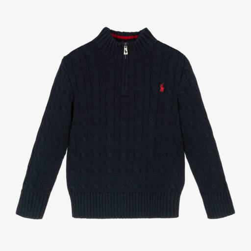Ralph Lauren-Boys Blue Cable Knit Quarter-Zip Sweater | Childrensalon