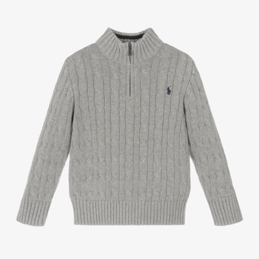 Ralph Lauren-Boys Grey Cable Knit Quarter-Zip Sweater | Childrensalon