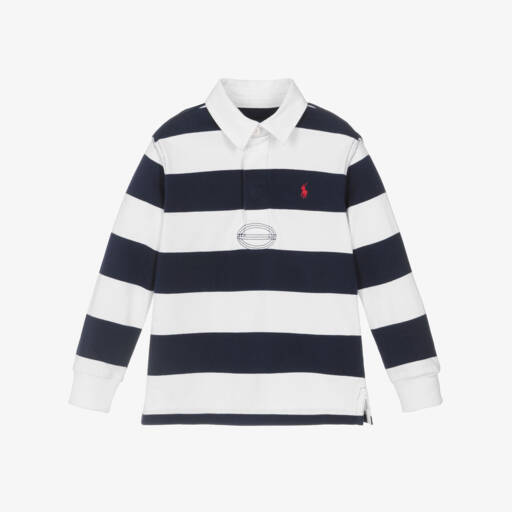 Ralph Lauren-توب رغبي مقلم قطن جيرسي لون كحلي وأبيض للأولاد | Childrensalon