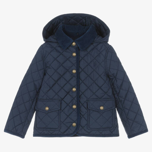 Ralph Lauren-Girls Blue Hooded Quilted Jacket | Childrensalon