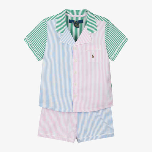 Ralph Lauren-Girls Pink Cotton Striped Short Pyjamas  | Childrensalon