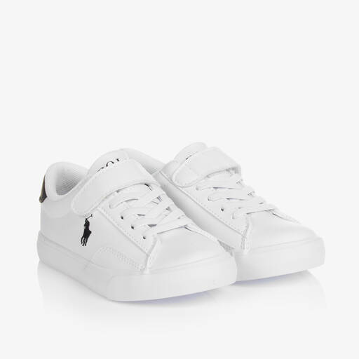 Ralph Lauren-White & Blue Faux Leather Velcro Trainers | Childrensalon