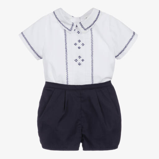 Sarah Louise-Boys White & Navy Blue Embroidered Shorts Set | Childrensalon