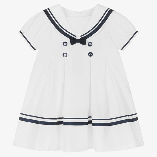 Sarah Louise-Girls White & Blue Cotton Sailor Dress | Childrensalon