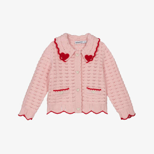 Self Portrait Girls Heart Knit Cardigan in Green