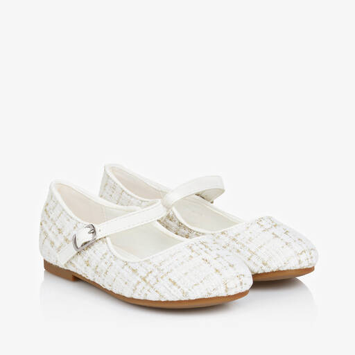 Sevva-Girls Ivory & Gold Tweed Shoes | Childrensalon