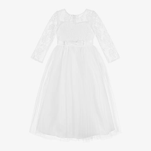 Sevva-Girls White Tulle Dress With Lace Sleeves | Childrensalon