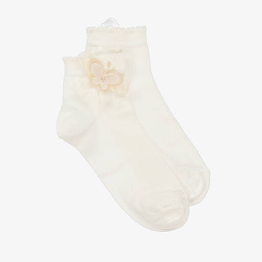 Story Loris-Girls Ivory Cotton Butterfly Socks  | Childrensalon