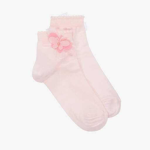 Story Loris-Girls Pale Pink Cotton Butterfly Socks  | Childrensalon