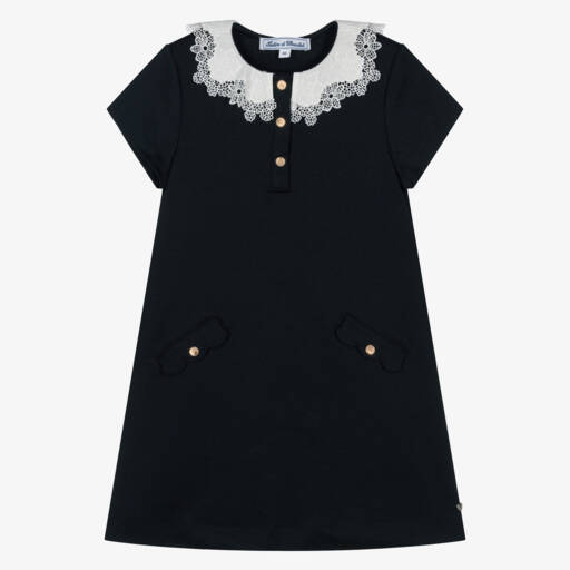 Tartine et Chocolat-Girls Navy Blue Dress with White Lace Collar | Childrensalon