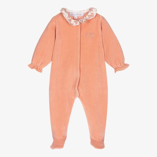 Tartine et Chocolat-Girls Pink Velour Babygrow | Childrensalon