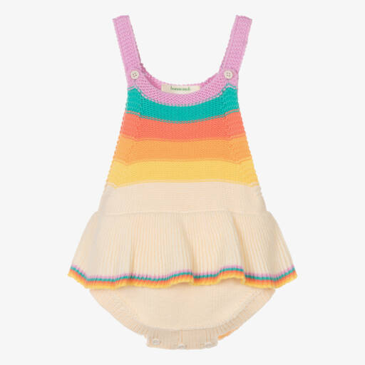 The Bonniemob-Baby Girls Ivory Organic Cotton Knit Rainbow Stripe Shortie | Childrensalon