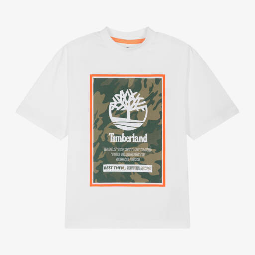 Timberland-Boys White Cotton Camouflage Logo T-Shirt | Childrensalon