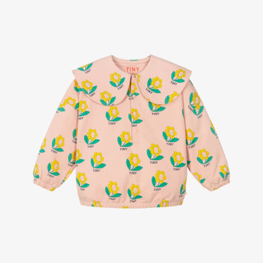 Tinycottons-Girls Pink Cotton Happy Flower Sweatshirt with Collar | Childrensalon