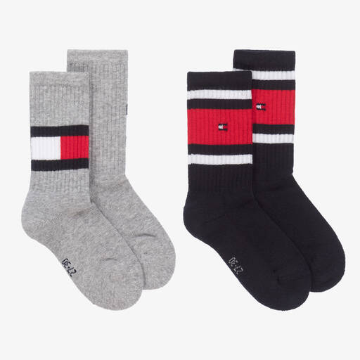Tommy Hilfiger-Blue & Grey Cotton Sports Socks (2 Pack) | Childrensalon