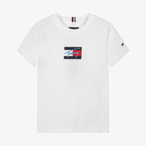 Tommy Hilfiger-Boys White Cotton Flag Logo T-Shirt | Childrensalon
