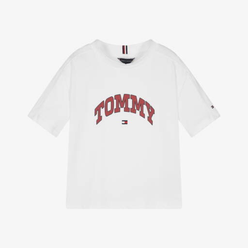 Tommy Hilfiger-Boys White Cotton T-Shirt with Varsity Logo  | Childrensalon