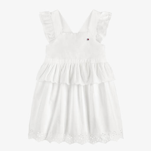 Tommy Hilfiger-Girls White Poplin Dress with Broderie Anglaise Hem | Childrensalon