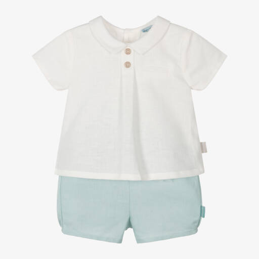 Tutto Piccolo-Boys Ivory & Green Linen Blend Shorts Set | Childrensalon