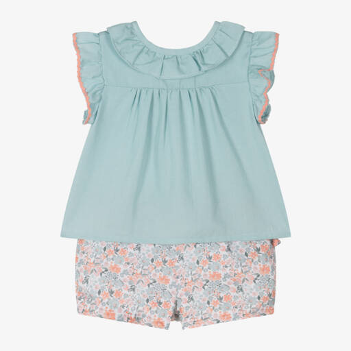 Tutto Piccolo-Girls Aqua Blue Floral Cotton Shorts Set | Childrensalon