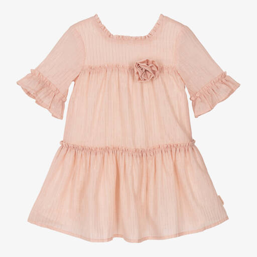 Tutto Piccolo-Girls Pink & Gold Stripe Dress with Floral Appliqué | Childrensalon