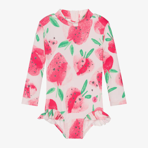 Tutto Piccolo-Girls Pink Strawberry Long Sleeved Swimsuit | Childrensalon