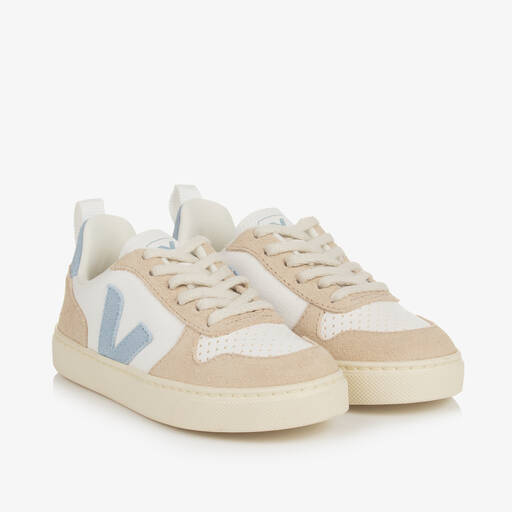 VEJA-White & Blue Leather V-10 Trainers | Childrensalon