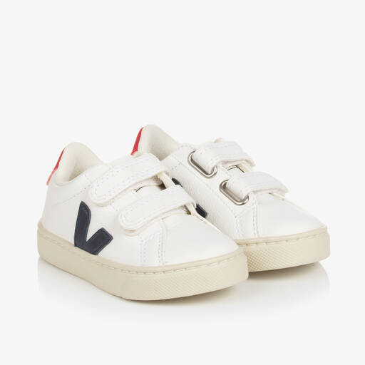 VEJA-White & Navy Blue Leather Esplar Trainers | Childrensalon