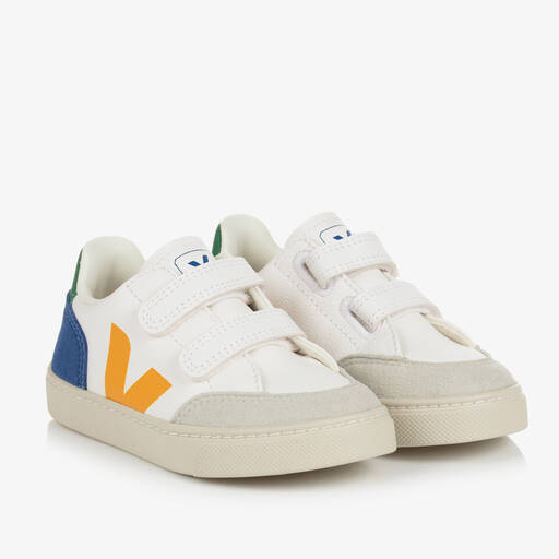 VEJA-White & Yellow Leather Velcro V-12 Trainers | Childrensalon