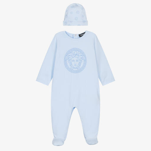 Versace-Boys Pale Blue Babysuit Gift Set with Medusa Logo | Childrensalon