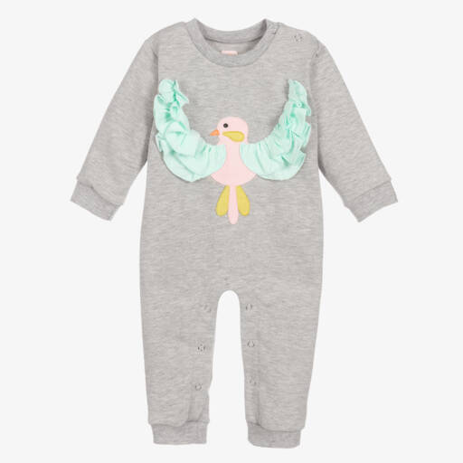 Wauw Capow-Baby Girls Grey Organic Cotton Bird Romper | Childrensalon
