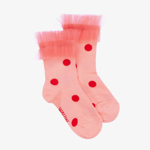 Wauw Capow-Girls Pink Polka Dot Cotton & Tulle Socks | Childrensalon