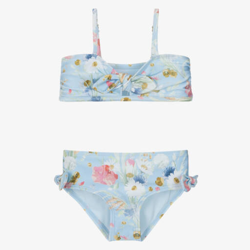 FBZ Girls Blue Stripe Floral Ruffle Bikini