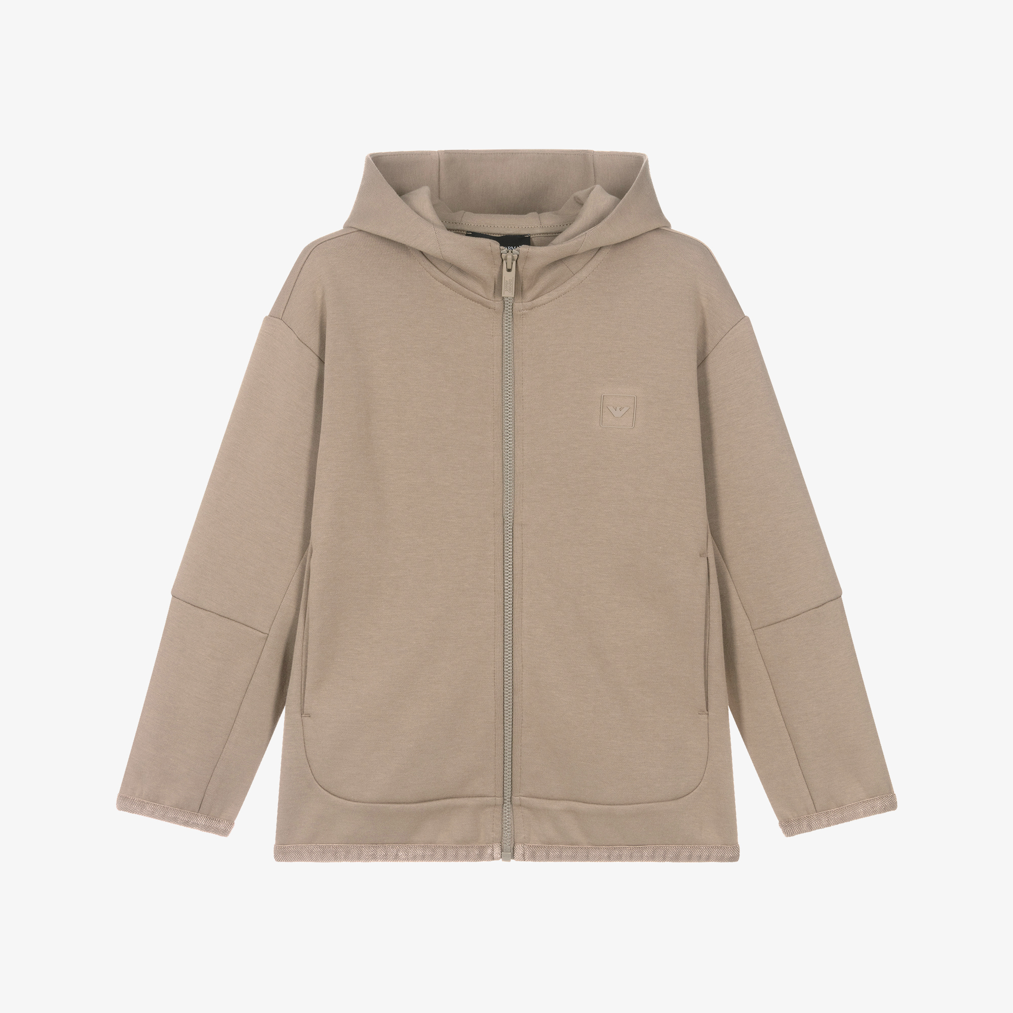 Emporio Armani Boys Beige Cotton Eagle Logo Zip-Up Hooded Top