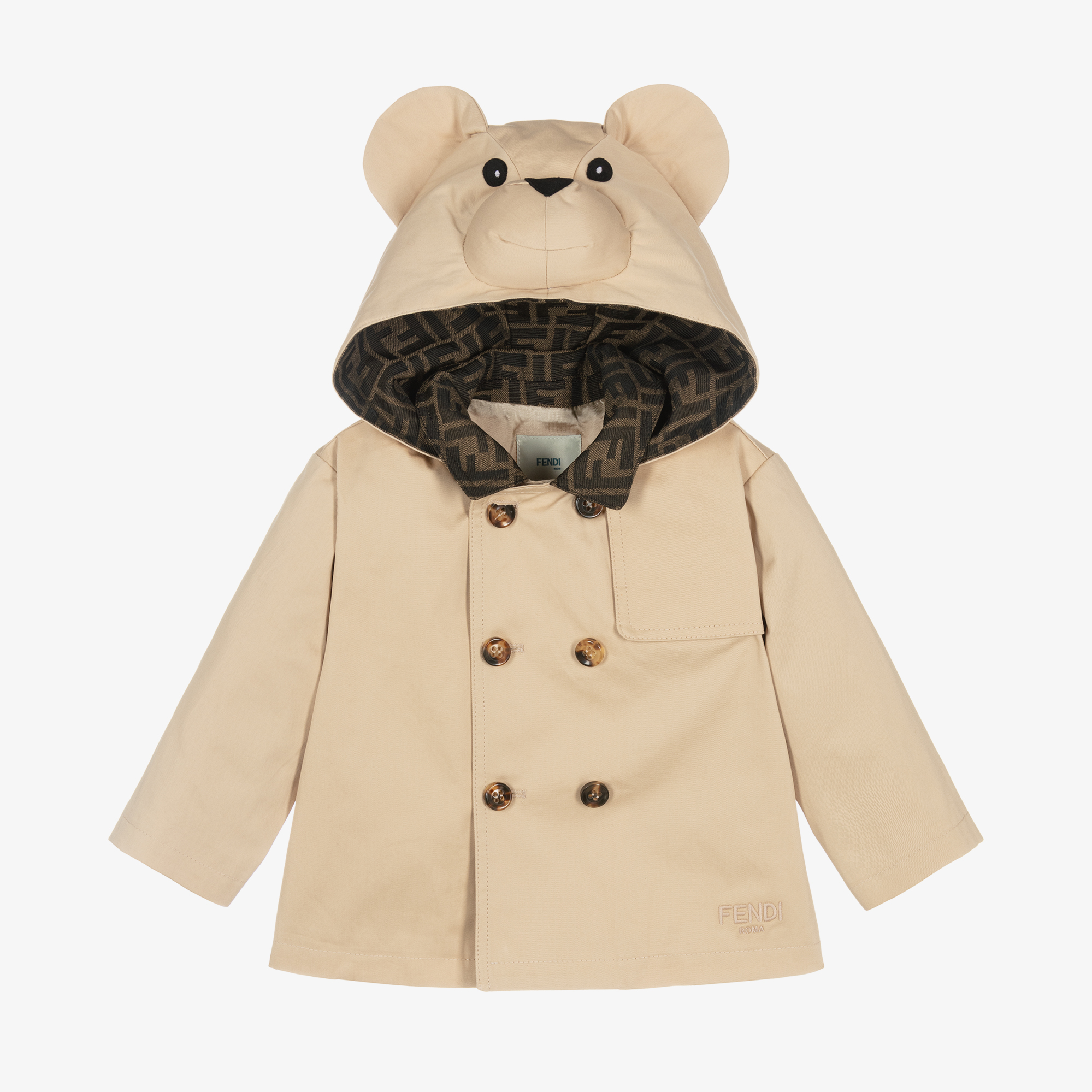 Fendi Baby Beige Cotton Teddy Bear Trench Jacket Childrensalon
