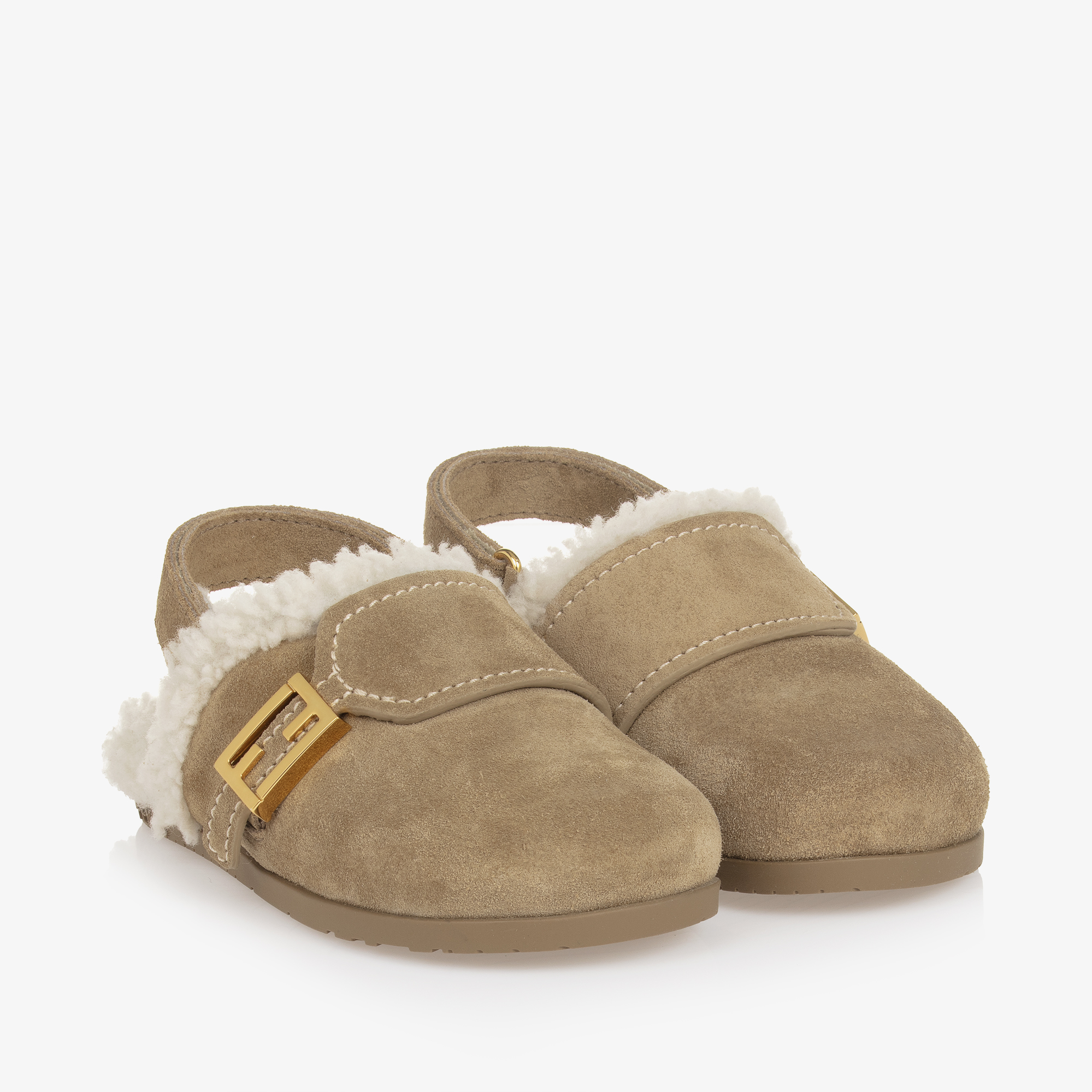 Fendi Beige Suede Leather Shearling Mules