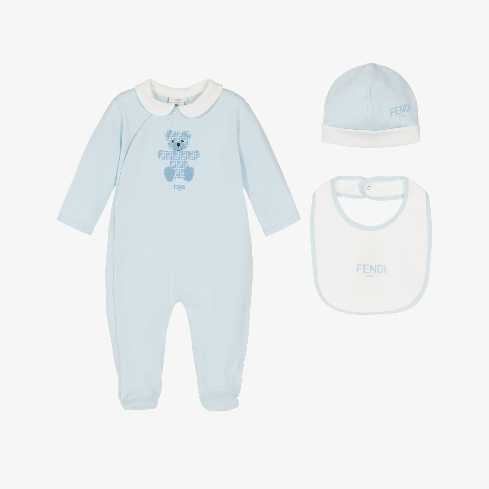Fendi Boys Blue Cotton FF Logo Bear Babygrow Set