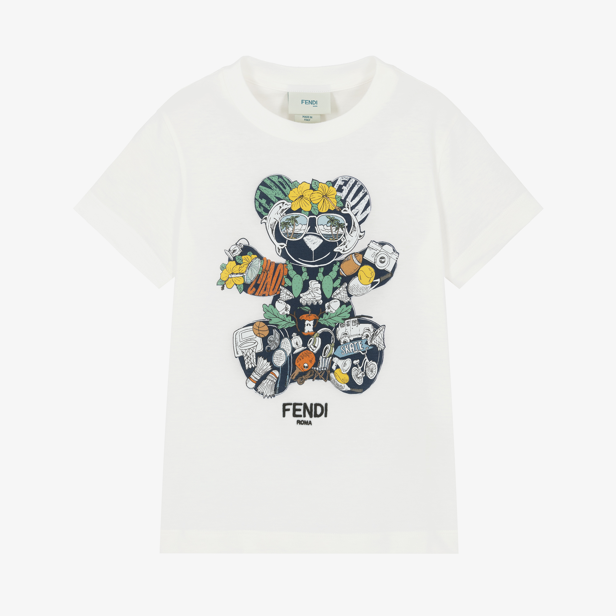 Fendi - Boys White Cotton Teddy Bear Print T-Shirt | Childrensalon